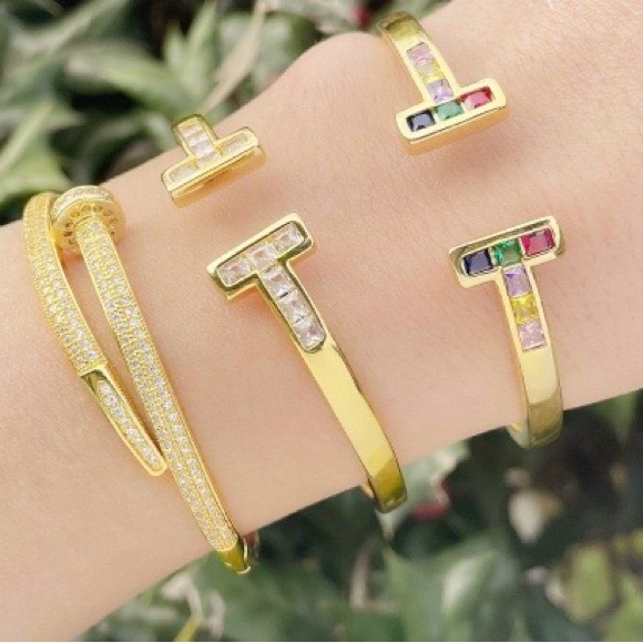 18k Gold Plated Stainless Steel Nail AAA CZ Bangle Bracelet - Picture 6 of 6